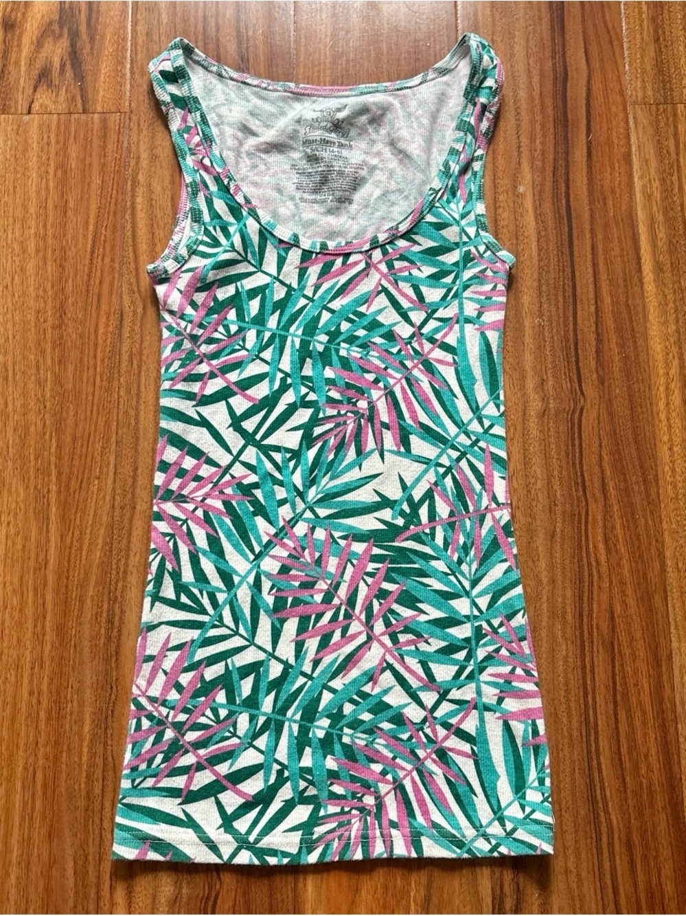 Faded Glory Green Pink White Tropical Floral Scoop Neck Knit Tank Women’s S